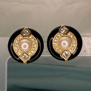 Vintage Swarovski Swan Signed Crystal, Faux Pearl, Black Enamel Clip Earrings